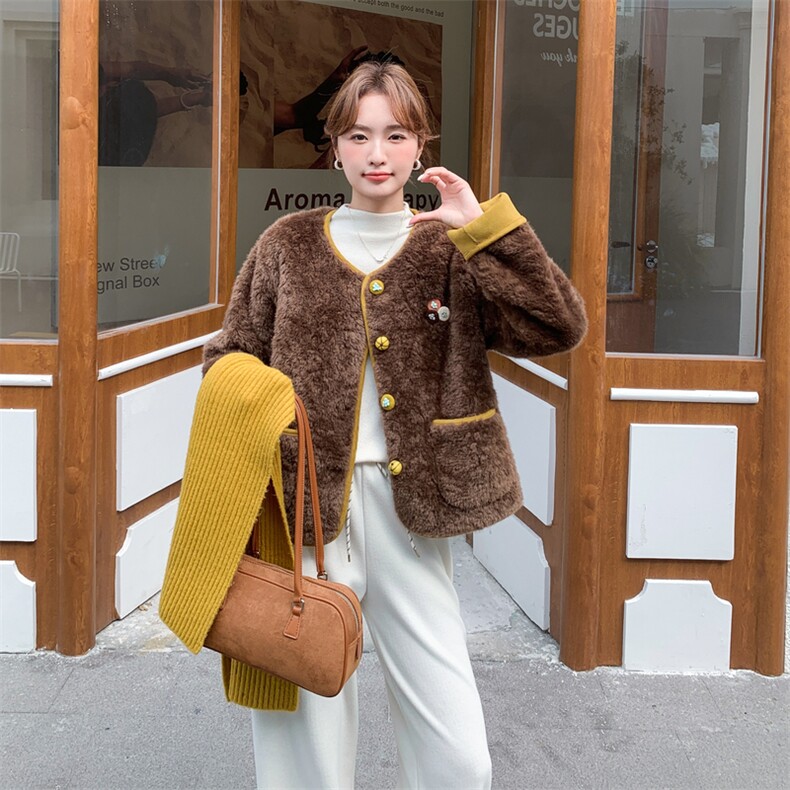 圆领撞色拼接皮毛一体外套女2025秋季夏季时尚百搭小个子显瘦上衣图片