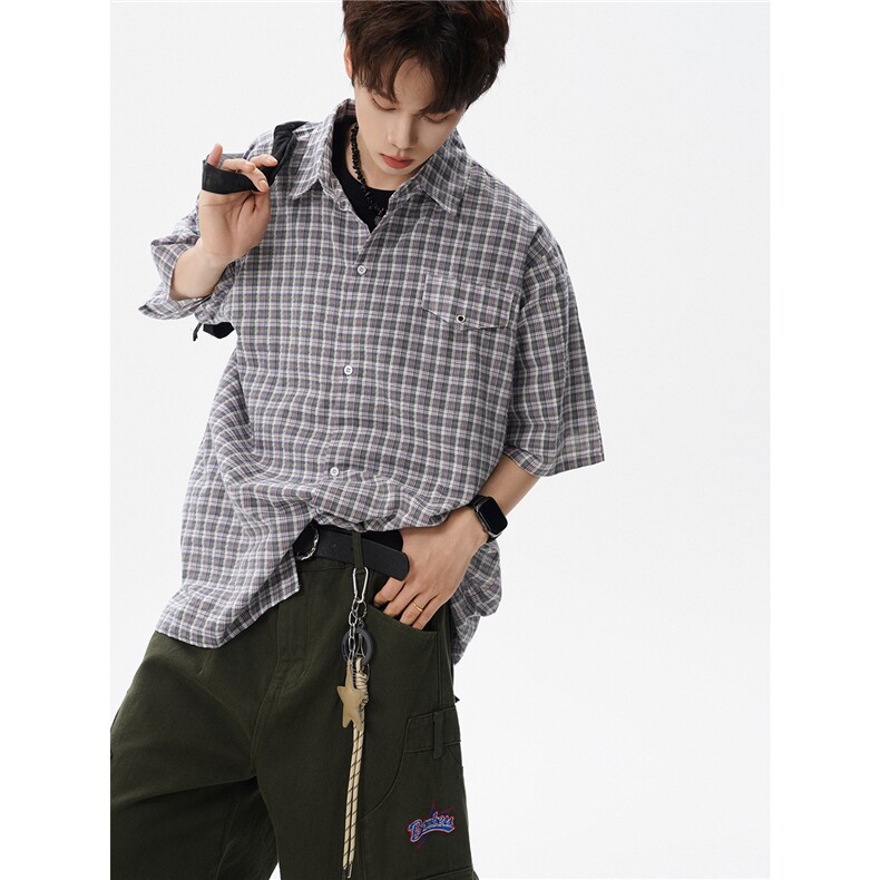 CS1151-特批40控78夏季新款男女格子短袖大码男衬衫（带配件）,男装T恤,电商A059