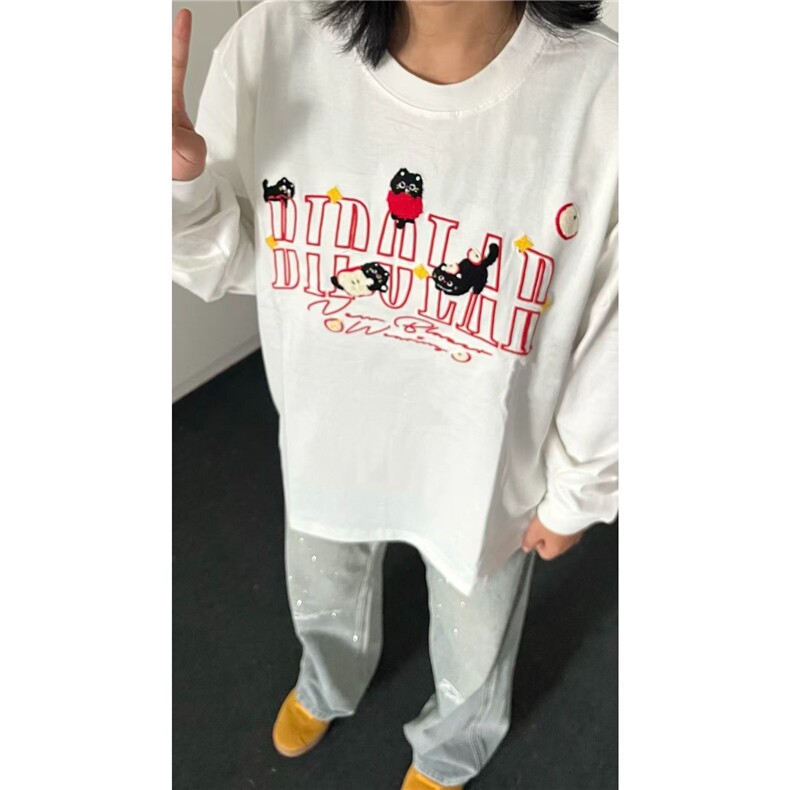 网图现货 美式宽松刺绣长袖纯棉T恤打底衫1082/特P40图片