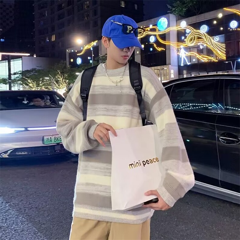 针织衫条纹毛衣男秋季日系潮牌i松情侣装慵懒风保暖上衣MZ073-P49,男装针织衫/毛衣,星座412-2