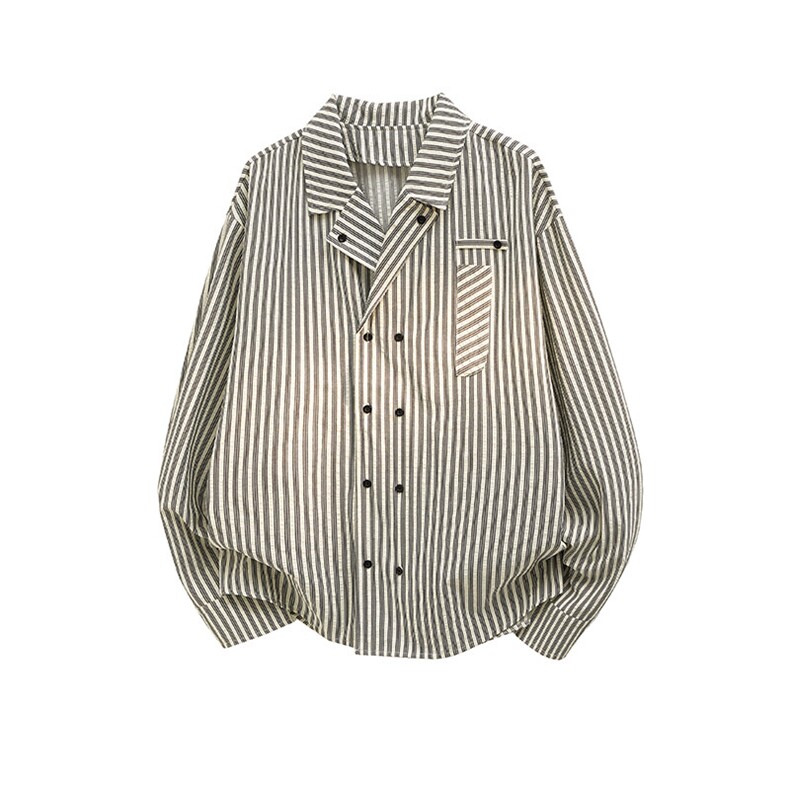 得物春季新款学院风青春男大竖条纹衬衫翻领外套美式简约衬衫P45，男装衬衫，电商B319