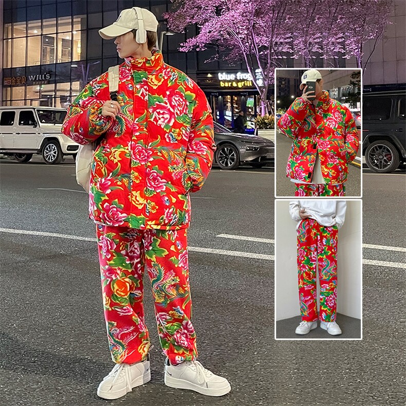 东北情侣套装潮ins花棉衣外套牡丹花裤子棉服套装网红冬装H203图片