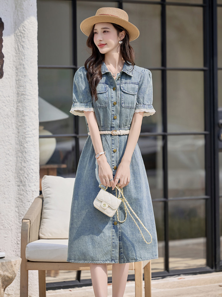 甜美蕾丝拼接短袖牛仔连衣裙女2025夏新款收腰显瘦休闲翻领衬衫裙,女装牛仔裙,悦祺