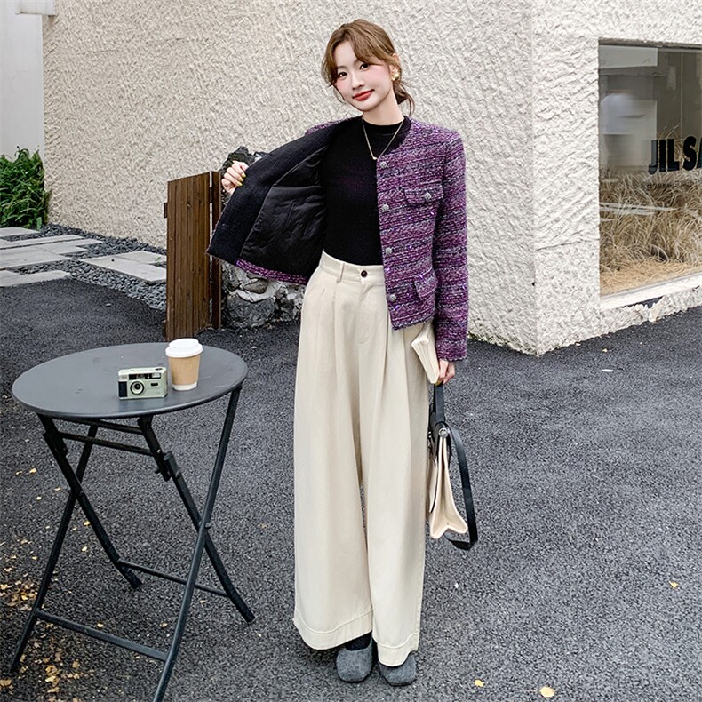 2025年冬季新款修身加厚毛呢羽绒服小香风外套女法式粗花呢上衣,女装毛呢外套,1D102-1