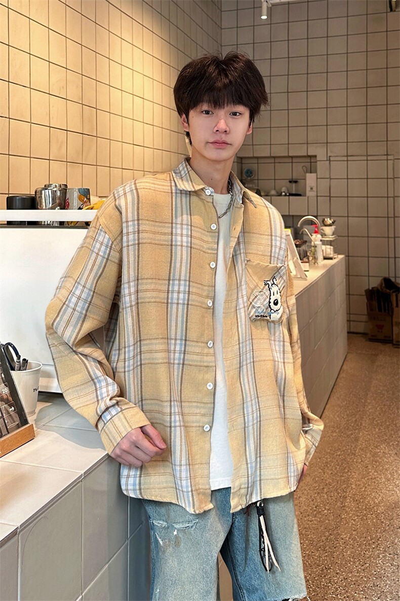 8XL-M小狗格子衬衫男长袖2025春情侣款寸衣宽松衬衣CS519P58控78,男装衬衫,电商D206-1