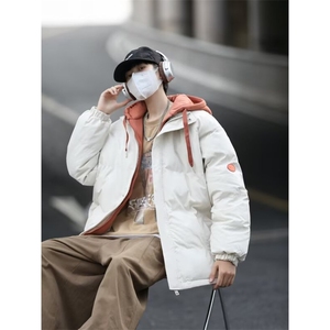 假两件连帽棉服外套男宽松加厚保暖棉衣大码冬装潮纯色面包棉袄子图片