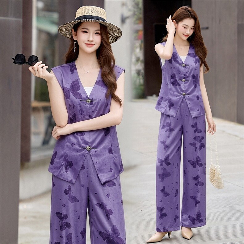 现货新中式轻熟气质2026夏季新款高级感印花无袖马甲阔腿裤两件套，女装套装/套裙，卡杰菲