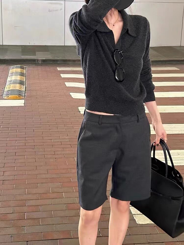 深灰色老钱风针织衫女polo衫慵懒风秋冬内搭打底羊毛长袖上衣,女装羊毛衫,思途羊绒