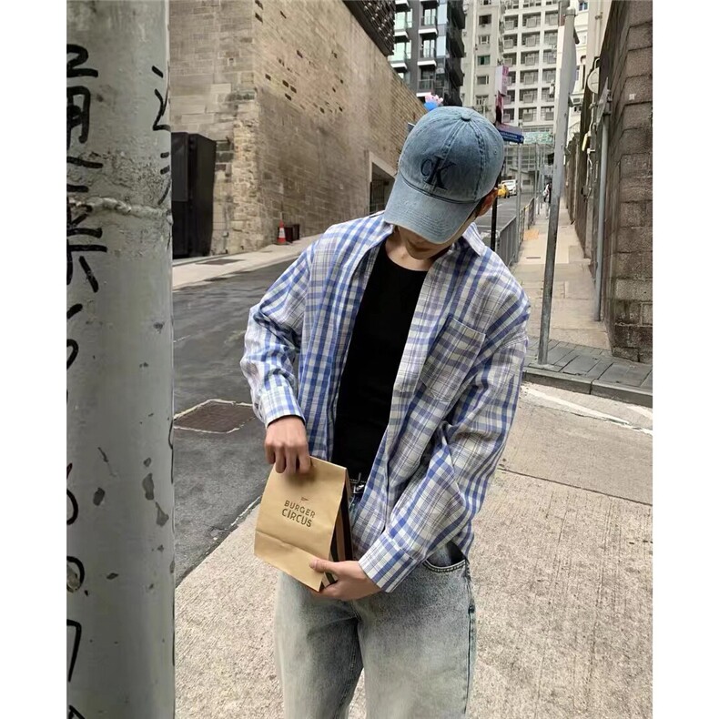 季复古慵懒百搭蓝色格子长袖衬衫男休闲宽松撞色衬衣潮,男装衬衫,星座410-7