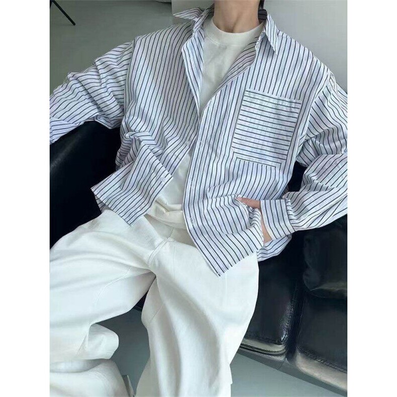 日系复古黑白条纹长袖衬衫男女情侣春季宽松百搭叠穿衬衣,男装衬衫,星座613