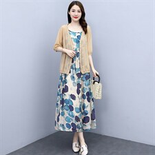 现货！棉麻套装/套裙2024年夏季时尚气质百搭优雅印花简约两件套，女装套装/套裙，一安秀