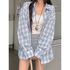 清新百搭初秋蓝色格子衬衫女长袖衬衣宽松显瘦上衣外套CSA364-P39，男装衬衫，星座208-5