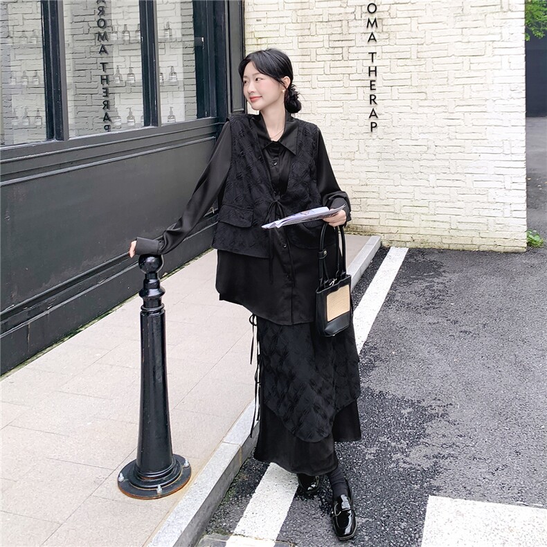 现货2D078-T1933-T175K258酷飒风设计感假两件衬衫+半裙2件套,女装套装/套裙,2D078