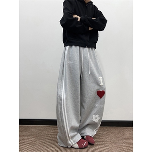 三条杠爱心字母运动卫裤男女秋季重磅设计感阔腿休闲裤图片