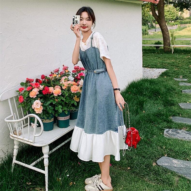 牛仔拼接假两件连衣裙女夏季2025新款独特设计感收腰显瘦A字长裙图片