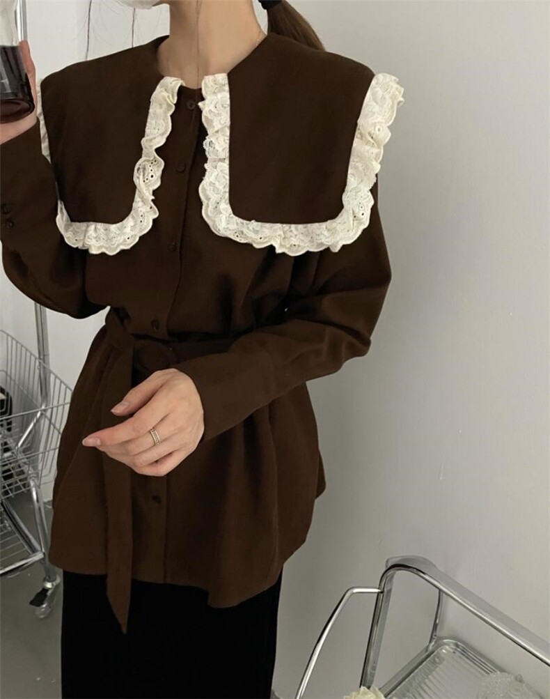 秋冬新品娃娃领大版系腰带衬衣，其它，新袖