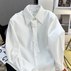 高级感领带垫肩设计衬衫男垂坠感小众大尖领宽松法式白色长袖衬衣图片