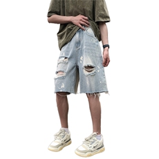 夏季大码宽松泼墨油画毛边时尚破洞短款短裤牛仔裤男高街得物，男装牛仔裤，星座301D-4(原星座1004-4）