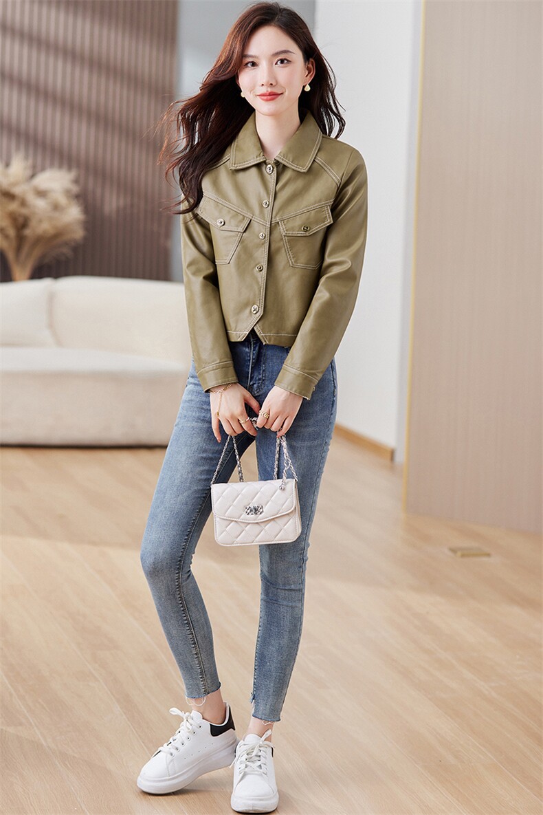 皮衣外套女2023年秋冬新款水洗皮机车服显瘦pu皮夹克韩版短外套潮,女装皮衣,江南女神