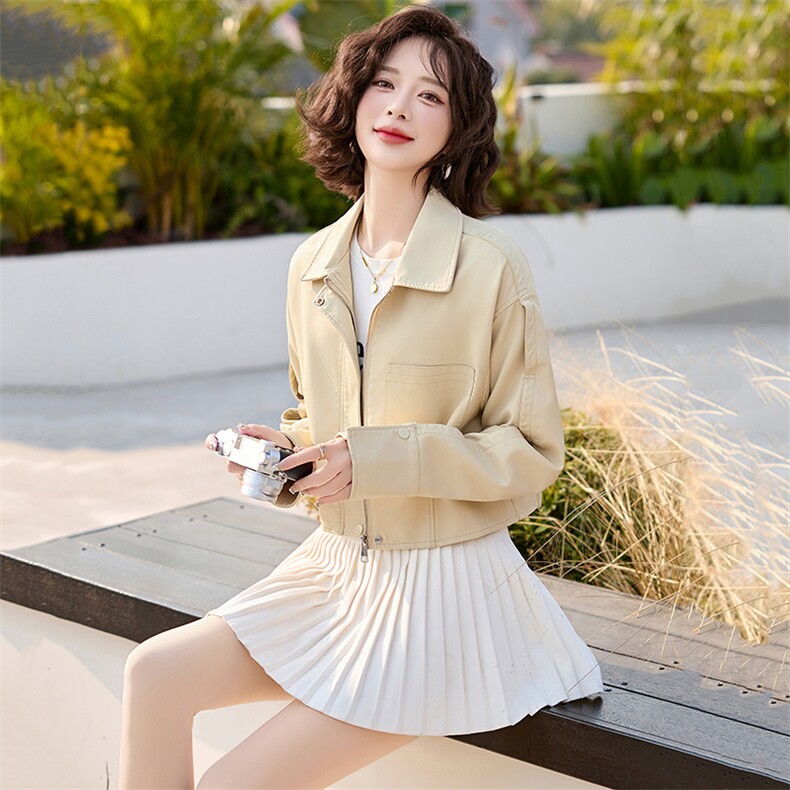 薄款水洗皮千金风短款翻领皮衣外套气质女装显瘦洋气春秋长袖时尚,女装皮衣,魅丽静蓝