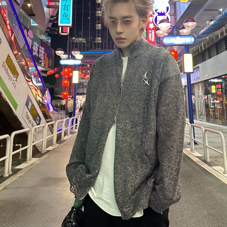 【有货】DM519-P58新款毛衣男鹿毛绒小众破洞高街立领开衫外套男,男装针织衫/毛衣,星座603-2
