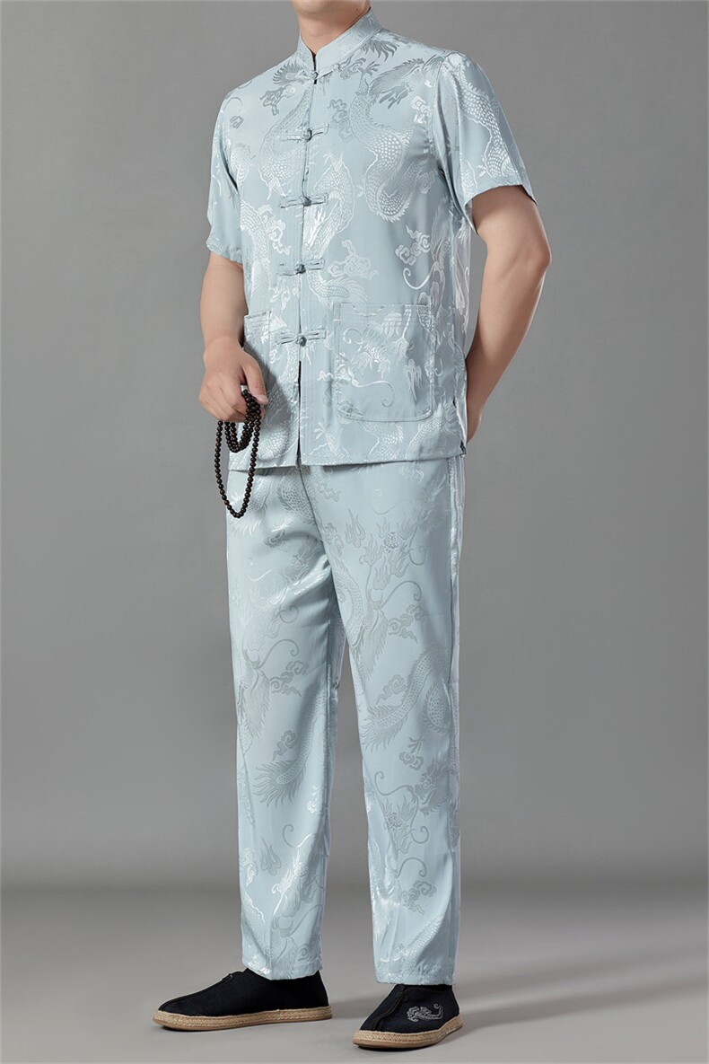 唐装冰丝男短袖套装中老年汉服春夏爸爸装男风老人爷爷太极服,男装民族服装,电商B212（原钱塘6029）