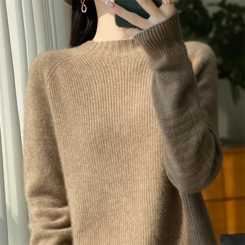 100%纯羊毛插肩袖针织打底衫女无缝套头宽松加厚保暖内搭毛衣新款,女装羊毛衫,昭美羊绒