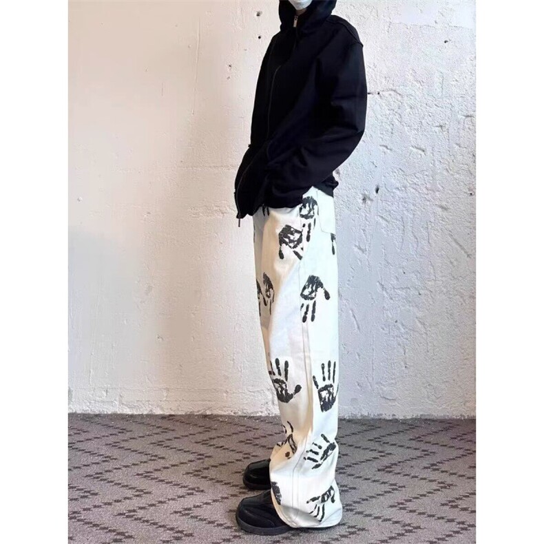 网络图手掌印花白色男女hiphop潮牌炸街微喇长裤N669-P53,男装牛仔裤,星座308B-2