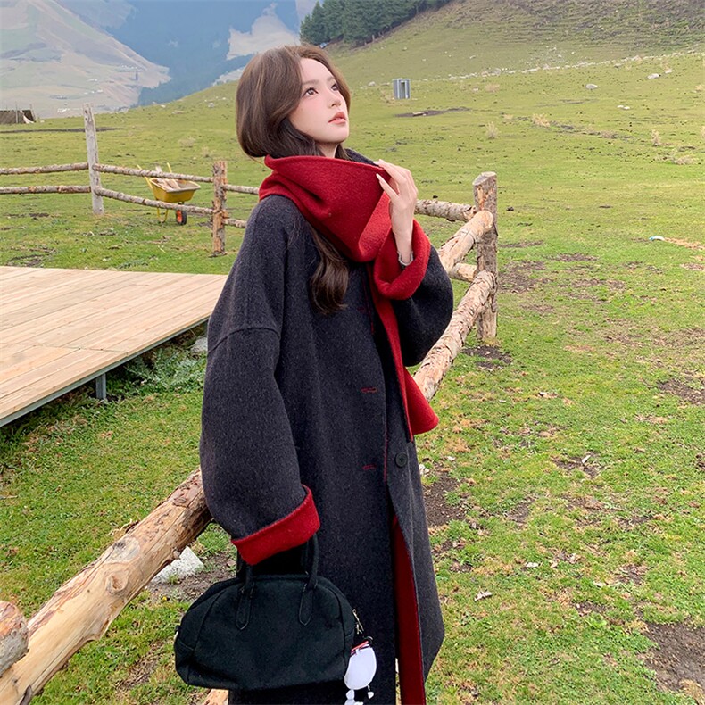 赫本风圆领撞色双面羊绒大衣女秋冬超火好看高级感中长毛呢厚外套,女装羊绒大衣,2B109
