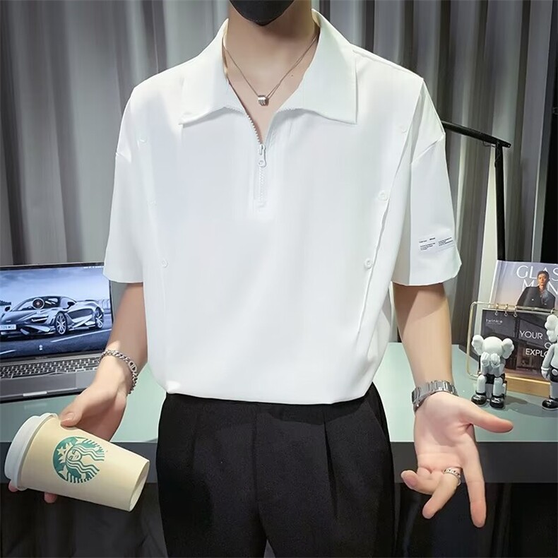 半拉链冰丝短袖男小众衬衫T恤上衣凉感半袖POLO衫CS619,男装T恤,星座1116A-2（原606A-1）