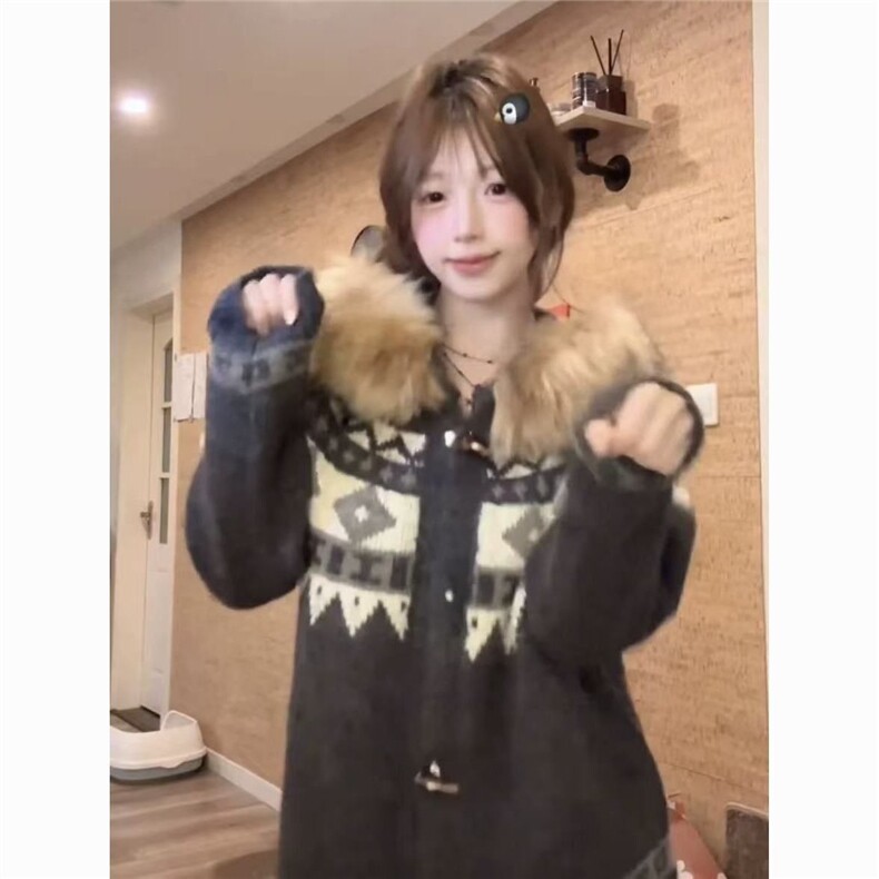 美式复古费尔岛连帽可拆卸毛领毛衣秋新款男女百搭宽松帽衫MYM43,男装针织衫/毛衣,星座516A
