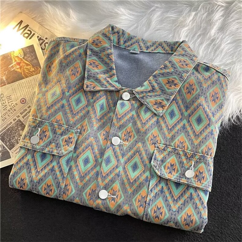 美式vintage牛仔衬衫男秋季高级感痞帅巴洛克衬衣夹克W038P65,男装夹克,星座1116-2