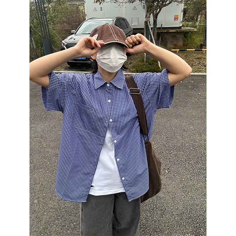 格子衬衫春夏美式短袖衬衫港风情侣装休闲衬衣CS286-P30,男装T恤,星座301C-5