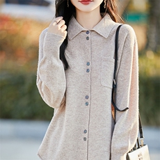 纯澳毛POLO领带兜长袖宽松针织衫春秋衬衣显瘦高级感纯色开衫，女装羊毛衫，哲奥羊绒