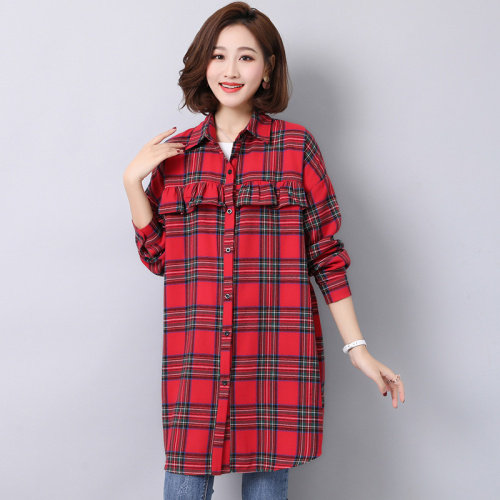 时尚潮流格子衬衫舒适长袖2025年秋季中长款休闲气质木耳边大码，女装衬衫，风姿绰