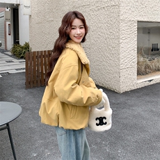 冬装羊圈毛大翻领拼PU皮内胆羽绒90绒短外套2C050-1301-P285-K398，女装羽绒服，2C050