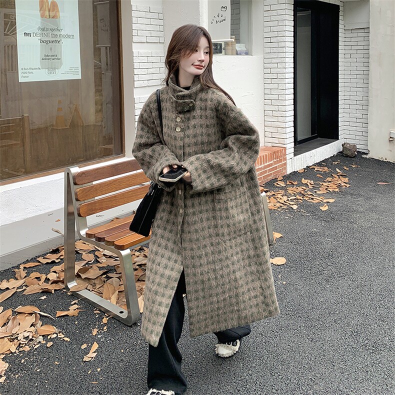 咖色复古格纹双面毛呢长大衣2025新款女冬巨好看小香风毛呢厚外套,女装毛呢外套,2C120