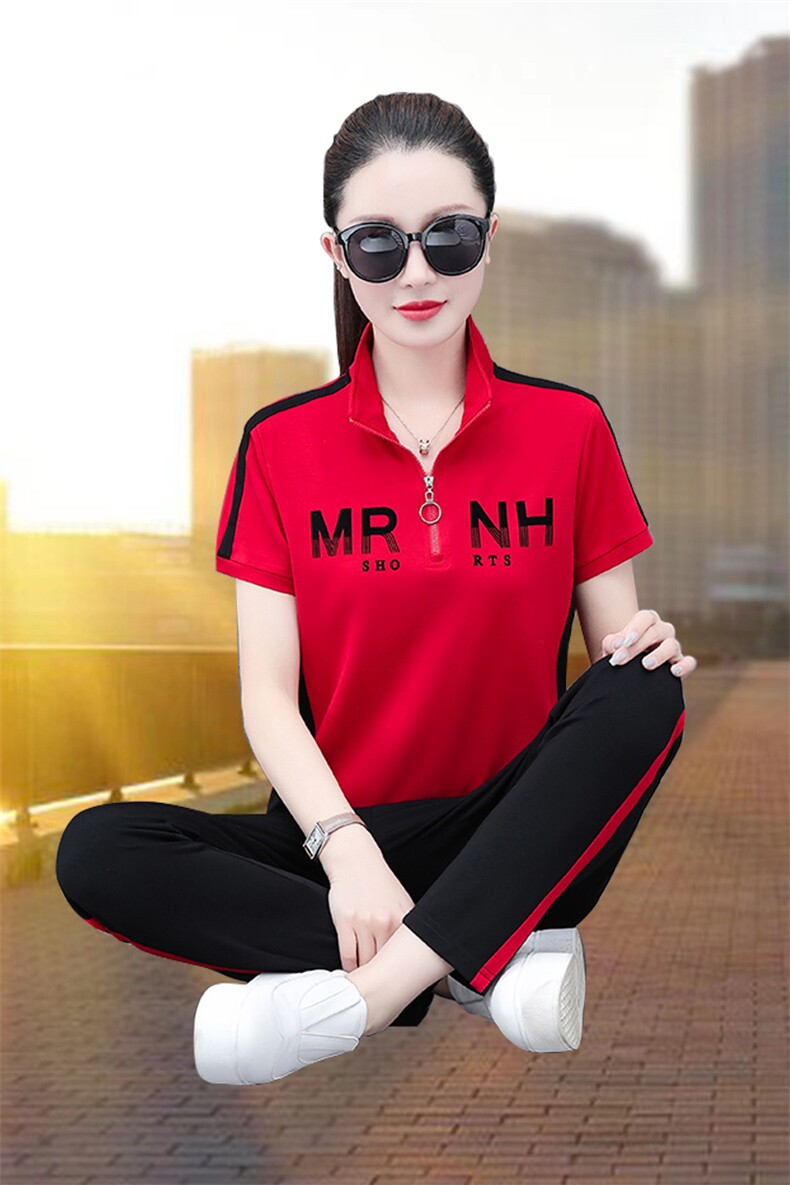 燕颉运动套装女夏季薄款2023年妈妈纯棉休闲跑步服宽松短袖两件套,女装套装/套裙,燕颉服饰