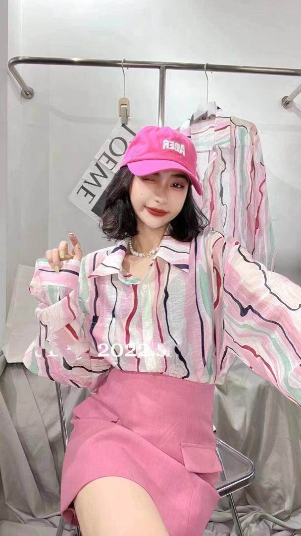 夏季新款洋气韩版条纹花色衬衫防晒衣,女装衬衫,L·H·X