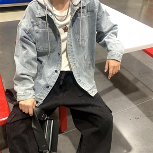 秋季港风男士假两件连帽牛仔外套男帽子可拆卸JK3901-P78