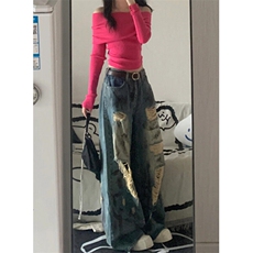 复古牛仔裤女新款破洞夏季款设计感小众宽松显瘦阔腿裤子NA424，男装牛仔裤，星座1116A（原606A-3）