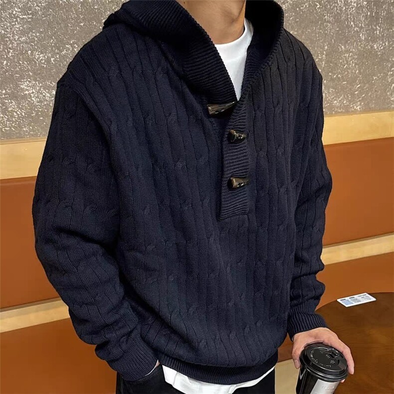 牛角扣设计感半开衫毛衣外套秋季穿搭慵懒高级感宽松连帽针织衫,男装针织衫/毛衣,星座506A