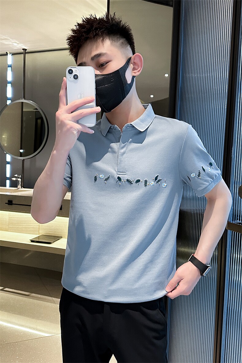 2023花朵刺绣夏季短袖T恤翻领Polo衫小伙风时尚半袖T0264-P50,男装T恤,电商D342