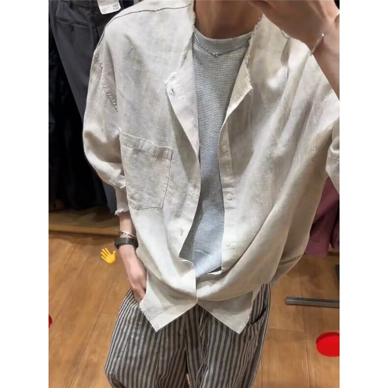 W10205-P43网图现货ins原宿亚麻衬衫无领衬衣简约新款文艺潮流,男装衬衫,星座1608