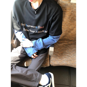 现货  自制 300克纯棉双纱假两件长袖t恤图片