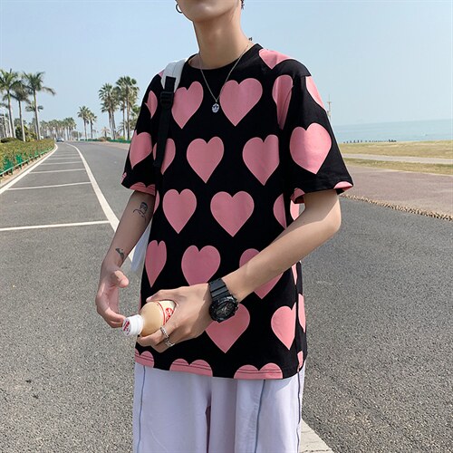 港风全身爱心印花短袖T恤男女夏季纯棉短袖情侣装T127P35控49图片