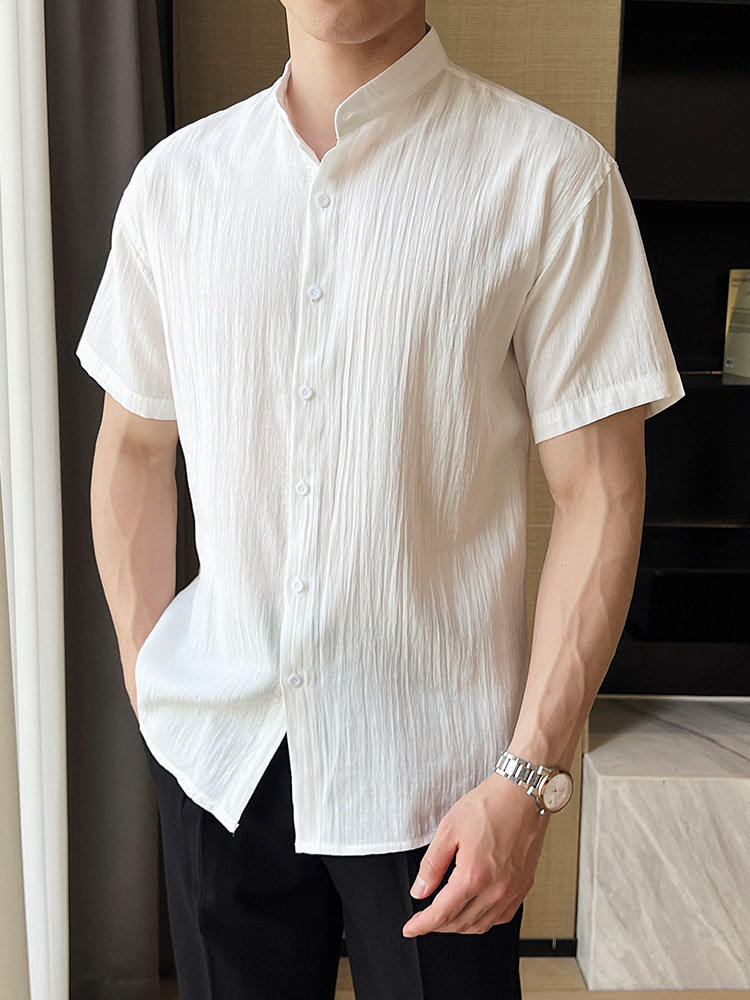夏季男士七分袖条纹衬衫立领男休闲修身休闲衬衣A236-C663-P55,男装衬衫,电商A236
