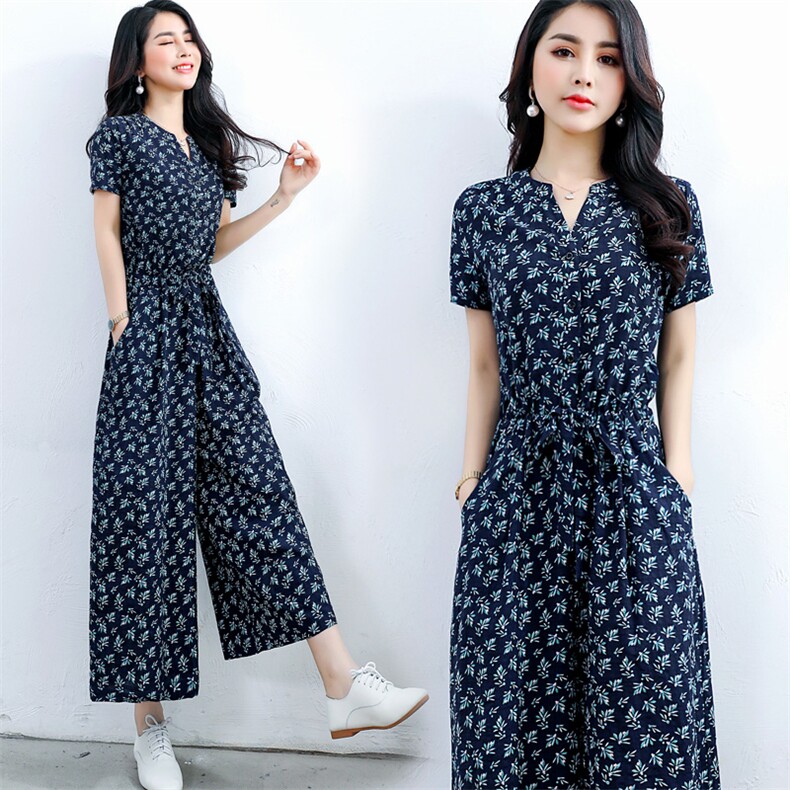 连体裤女夏2024新款韩版宽松收腰显瘦休闲棉麻碎花阔腿连衣裤，女装连体裤，木橙西子