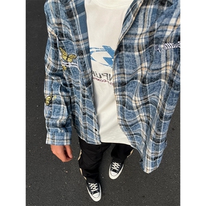 美式蝴蝶刺绣格子衬衫男秋季新款别致设计小众装衬衣外套 CY14图片