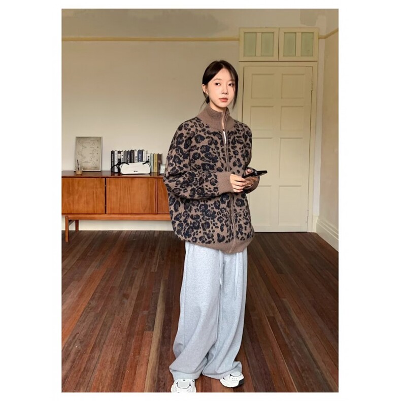 冬季宽松型美式复古豹纹立领拉链开衫外套女常规潮长袖休闲半高领,女装短外套,星座506A